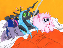 Size: 1000x762 | Tagged: safe, artist:aliciavanhammer, queen chrysalis, twilight sparkle, oc, oc:fluffle puff, alicorn, changeling, pony, g4, :p, bed, canon x oc, chrysalis gets all the mares, cigarette, cute, cutealis, embarrassed, female, head in hooves, implied group sex, implied sex, implied threesome, lesbian, lovebug, polyamory, regret, ruined for marriage, ship:chrysipuff, ship:twisalis, shipping, smoking, smug, tongue out, twilight sparkle (alicorn)