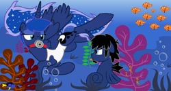 Size: 1600x857 | Tagged: safe, artist:evilfrenzy, princess luna, oc, oc:frenzy, alicorn, fish, pony, sea pony, seahorse, g4, alternate hairstyle, bubble, clothes, diving, dory, female, fruna, ocean, one-piece swimsuit, open-back swimsuit, ponytail, rebreather, scuba gear, seaponified, show accurate, species swap, swimming, swimsuit, underwater, water, white swimsuit