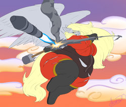 Size: 4000x3400 | Tagged: safe, artist:lesang, derpy hooves, pegasus, anthro, plantigrade anthro, g4, aderpose, belly, big belly, clothes, cosplay, costume, epic derpy, fat, large wings, muffin queen, obese, pyro (tf2), rocket, team fortress 2, thighs, thunder thighs, torn clothes, wings
