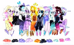 Size: 3416x2089 | Tagged: safe, artist:liaaqila, oc, oc only, oc:dazzling drizzle, oc:deep dive, oc:heart shot, oc:luno presto, oc:nitelite flite, oc:oni ice, oc:scarlet diamond, oc:shadow moon (spy), oc:soaring sunlight, oc:techno dancer, cyber-questria, equestria girls, g4, ..., armor, barefoot, bodysuit, bow, clothes, coat, crying, discarded clothing, equestria girls-ified, eyepatch, eyes closed, feather, feet, female, fetish, foot fetish, gloves, hair bow, headphones, headset, heart, high res, laughing, mask, multicolored hair, open mouth, rainbow hair, simple background, socks, soles, spy, spy suit, sunglasses, tears of laughter, tickle torture, tickling, traditional art, wall of tags, white background