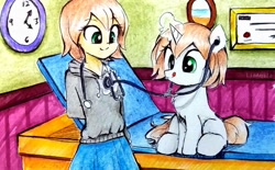Size: 1134x704 | Tagged: safe, artist:liaaqila, oc, oc only, oc:healing touch, human, pony, unicorn, equestria girls, g4, checkup, clothes, commission, cute, duo, exam table, female, filly, heartbeat, hoodie, human ponidox, magic, self ponidox, sitting, skirt, smiling, stethoscope, traditional art