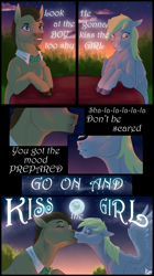 Size: 1200x2150 | Tagged: safe, artist:ravenie, derpy hooves, doctor whooves, time turner, earth pony, pegasus, pony, g4, blushing, bowtie, comic, commission, crossover, disney, eyes closed, female, grass, kiss the girl, kissing, male, mare, moon, night, ship:doctorderpy, shipping, stallion, stars, straight, table, the little mermaid, unshorn fetlocks, ych result