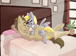 Size: 1842x1378 | Tagged: safe, artist:artyshock, derpy hooves, doctor whooves, time turner, earth pony, pegasus, pony, g4, bed, bedroom, bedroom eyes, blanket, boop, cel shading, chest fluff, commission, cuddling, cute, derpabetes, detailed background, duo, duo male and female, ear fluff, eyes closed, female, flower, flower pot, grin, happy, hug, male, mare, open mouth, open smile, pillow, raised hoof, shading, ship:doctorderpy, shipping, size difference, smiling, spread wings, stallion, straight, wings, ych result