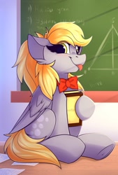 Size: 1250x1849 | Tagged: safe, artist:shadowreindeer, derpy hooves, pegasus, pony, g4, book, bowtie, cute, cyrillic, derpabetes, female, mare, russian, sitting, solo, teacher, tongue out, underhoof