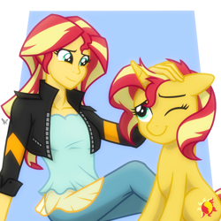 Size: 2048x2048 | Tagged: safe, artist:whitequartztheartist, sunset shimmer, human, pony, unicorn, equestria girls, g4, female, high res, human ponidox, looking at each other, mare, one eye closed, petting, self ponidox, smiling