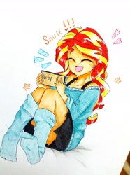 Size: 2246x3023 | Tagged: safe, artist:liaaqila, sunset shimmer, equestria girls, g4, blushing, bra, bra strap, cellphone, clothes, cute, exclamation point, eyes closed, female, happy, high res, hnnng, marker drawing, off shoulder, phone, shimmerbetes, simple background, sitting, skirt, smartphone, smiling, socks, solo, stars, sweater, traditional art, underwear, white background