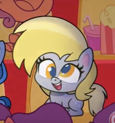 Size: 534x573 | Tagged: safe, screencap, derpy hooves, earth pony, pony, g4.5, my little pony: pony life, sportacular spectacular musical musak-ular, animation error, cropped, female, mare, missing wing, sitting, smiling, solo focus, we shine brighter together, wingless, wingless derpy hooves