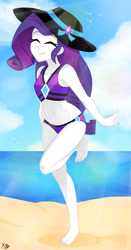 Size: 1914x3664 | Tagged: safe, artist:xan-gelx, rarity, equestria girls, equestria girls series, forgotten friendship, adorasexy, barefoot, beach, belly button, bikini, clothes, cloud, cute, eyes closed, feet, female, happy, hat, jeweled swimsuit, ocean, rarity's purple bikini, sand, sexy, smiling, solo, swimsuit, water