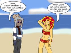Size: 1024x766 | Tagged: safe, artist:gameboysage, sunset shimmer, oc, oc:textile, equestria girls, g4, belly button, bikini, breasts, cleavage, clothed female nude female, clothes, dialogue, female, godiva hair, nudity, strategically covered, swimsuit, unembarrassed nude female