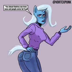 Size: 1024x1024 | Tagged: safe, artist:vortexpunk, trixie, anthro, g4, ass, butt, clothes, female, hoodie, jeans, pants, solo, the great and powerful ass