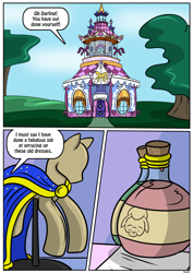 Size: 2480x3507 | Tagged: safe, artist:ltcolonelwhipper, artist:rex-equinox, granny smith, comic:coming of age, g4, age progression, bottle, carousel boutique, clothes, comic, commission, dialogue, dress, dress form, high res, implied rarity, mannequin, note, offscreen character, ponyquin, potion, speech bubble, story included, transformation, transformation sequence