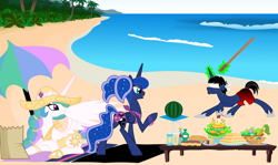 Size: 1600x954 | Tagged: safe, artist:evilfrenzy, princess celestia, princess luna, oc, oc:frenzy, alicorn, pony, g4, beach, bikini, blindfold, cake, clothes, drink, female, food, fruna, grooming, male, mare, melon, ocean, preening, show accurate, stallion, stick, swimming trunks, swimsuit, tail, tail hole, umbrella, wings