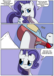 Size: 479x677 | Tagged: safe, artist:ltcolonelwhipper, artist:rex-equinox, rarity, pony, unicorn, comic:coming of age, g4, age progression, bottle, comic, commission, confused, dialogue, drinking, female, looking sideways, mare, note, onomatopoeia, open mouth, potion, raised hoof, smiling, solo, speech bubble, story included, transformation, transformation sequence