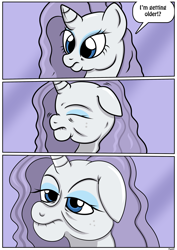 Size: 2480x3507 | Tagged: safe, artist:ltcolonelwhipper, artist:rex-equinox, rarity, pony, unicorn, comic:coming of age, g4, age progression, comic, commission, dialogue, elderly, eyes closed, female, floppy ears, grey hair, high res, lidded eyes, liver spots, mare, old, older, older rarity, solo, speech bubble, story included, transformation, transformation sequence, wrinkles