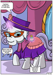 Size: 2480x3507 | Tagged: safe, artist:ltcolonelwhipper, artist:rex-equinox, rarity, pony, unicorn, comic:coming of age, g4, age progression, alternate hairstyle, blanket, bottle, bow, clothes, comic, commission, curly hair, dialogue, dress, ear piercing, earring, elderly, female, floppy ears, glasses, glowing horn, hat, high res, horn, i can't believe it's not idw, implied spike, jewelry, levitation, lidded eyes, liver spots, magic, magic aura, mare, offscreen character, older, older rarity, one-panel comic, piercing, potion, raised hoof, rarity's glasses, shawl, smiling, solo, speech bubble, story included, telekinesis, the end, transformation, transformation sequence, wrinkles