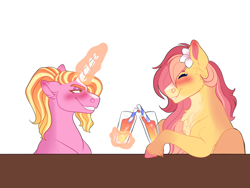 Size: 2000x1500 | Tagged: safe, artist:uunicornicc, luster dawn, oc, oc:strawberry sunrise, pegasus, pony, g4, alcohol, chest fluff, drinking straw, female, glass, magic, mare, offspring, parent:flash sentry, parent:sunset shimmer, parents:flashimmer, simple background, white background