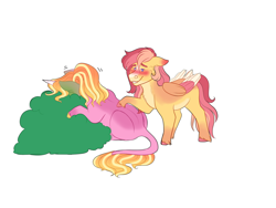 Size: 2000x1500 | Tagged: safe, artist:uunicornicc, luster dawn, oc, oc:strawberry sunrise, pegasus, pony, g4, bush, colored wings, female, implied vomit, mare, multicolored wings, offspring, parent:flash sentry, parent:sunset shimmer, parents:flashimmer, simple background, white background, wings