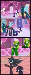 Size: 1600x3847 | Tagged: safe, artist:evilfrenzy, queen chrysalis, rarity, oc, changeling, pony, unicorn, g4, bikini, carousel boutique, clothes, comic, eyes closed, female, leaves, lidded eyes, male, mare, show accurate, stallion, swimming trunks, swimsuit