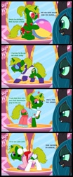Size: 1600x3847 | Tagged: safe, artist:evilfrenzy, queen chrysalis, oc, changeling, pony, unicorn, g4, beach ball, carousel boutique, clothes, comic, crossdressing, eyes closed, female, leaves, lidded eyes, male, mare, nurse, panties, show accurate, stallion, swimsuit, underwear