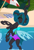 Size: 760x1115 | Tagged: safe, artist:evilfrenzy, queen chrysalis, changeling, changeling queen, g4, alternate hairstyle, beach, clothes, cropped, cute, cutealis, eyes closed, female, hair bun, mare, one-piece swimsuit, open-back swimsuit, show accurate, swimsuit