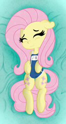 Size: 1024x1921 | Tagged: safe, artist:zemtell, part of a set, fluttershy, pony, g4, adorable distress, body pillow, clothes, cute, dakimakura cover, eyes closed, female, floppy ears, kanji, katakana, lying down, mare, nervous, on back, one-piece swimsuit, romaji, school swimsuit, shyabetes, solo, sukumizu, swimsuit, wavy mouth