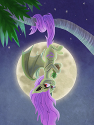 Size: 1536x2048 | Tagged: safe, artist:catscratchpaper, fluttershy, bat, bat pony, fruit bat, pony, bat ponified, fangs, female, flutterbat, food, fruit bat pony, full moon, holding, hoof hold, looking at you, mare, moon, night, outdoors, palm tree, pineapple, prehensile tail, race swap, red eyes, smiling, solo, spread wings, stars, three quarter view, tree, upside down, wings