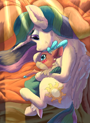 Size: 1584x2154 | Tagged: safe, artist:firefanatic, princess celestia, velvet (tfh), alicorn, deer, pony, reindeer, them's fightin' herds, g4, bed, blanket, blushing, community related, cuddling, cute, embarrassed, missing accessory, momlestia, pillow, smiling, story included