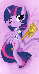 Size: 1024x1921 | Tagged: safe, artist:zemtell, part of a set, twilight sparkle, alicorn, pony, g4, adorasexy, body pillow, clothes, cute, dakimakura cover, female, holding, looking at you, lying down, mare, on back, on side, one eye closed, one-piece swimsuit, open mouth, scepter, school swimsuit, sexy, smiling, solo, spread wings, sukumizu, swimsuit, turned head, twiabetes, twilight scepter, twilight sparkle (alicorn), wings, wink, winking at you
