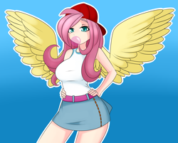 Size: 4351x3500 | Tagged: safe, artist:caoscore, fluttershy, human, g4, 90s grunge fluttershy, big breasts, breasts, bubblegum, busty fluttershy, cap, clothes, food, gum, hand on hip, hat, humanized, looking at you, skirt, solo, tank top, winged humanization, wings