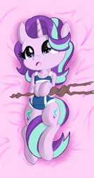 Size: 1024x1921 | Tagged: safe, artist:zemtell, part of a set, starlight glimmer, pony, unicorn, g4, adorasexy, body pillow, clothes, cute, dakimakura cover, female, glimmerbetes, holding, hoof hold, hooves to the chest, looking up, lying down, mare, on back, one-piece swimsuit, open mouth, school swimsuit, sexy, solo, staff, staff of sameness, sukumizu, swimsuit