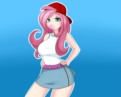 Size: 4351x3500 | Tagged: safe, alternate version, artist:caoscore, fluttershy, human, g4, 90s grunge fluttershy, big breasts, breasts, bubblegum, busty fluttershy, cap, clothes, female, food, gradient background, gum, hand on hip, hat, humanized, looking at you, skirt, solo