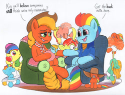 Size: 1000x764 | Tagged: safe, artist:aliciavanhammer, applejack, rainbow dash, oc, pegasus, pony, g4, the last problem, apple, baby, baby pony, braided tail, chair, clothes, cowboy hat, diaper, eating, female, filly, foal, food, granny smith's shawl, hat, holding hooves, ice, ice cube, jacket, magical lesbian spawn, mouth hold, multicolored hair, offspring, older, older applejack, older rainbow dash, pacifier, parent:applejack, parent:rainbow dash, parents:appledash, rainbow hair, roommates, ship:appledash, shipping, sitting, sugarcube, swaddling, tail, tail pull, yeehaw
