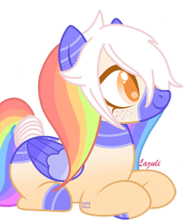 Size: 1416x1635 | Tagged: safe, artist:pasteldraws, oc, oc only, oc:cirrus duvet, pegasus, pony, base used, comfort oc, comfort pony, cute, freckles, lying down, multicolored hair, pigtails, rainbow hair, simple background, solo, transparent background