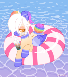Size: 1800x2040 | Tagged: safe, artist:pasteldraws, oc, oc only, oc:cirrus duvet, pegasus, pony, base used, bubble tea, comfort oc, comfort pony, cute, double buns, female, freckles, hair bun, mare, multicolored hair, ocean, rainbow hair, relaxing, solo, vacation, water