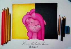 Size: 1810x1260 | Tagged: safe, alternate version, artist:fernandojc-draftsman, pinkie pie, earth pony, pony, g4, bust, colored, crying, duality, eyes closed, female, floppy ears, mare, pinkamena diane pie, signature, smiling, split screen, traditional art, two sides