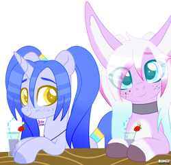 Size: 2500x2410 | Tagged: safe, artist:pasteldraws, oc, oc only, oc:belle, oc:julie, hybrid, original species, pony, rabbit, rabbit pony, unicorn, animal, base used, bff, bunny ears, choker, cute, drink, drinking straw, duo, freckles, high res, jewelry, necklace, pigtails, simple background, transparent background