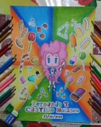 Size: 720x900 | Tagged: safe, alternate version, artist:fernandojc-draftsman, pinkie pie, equestria girls, g4, candy, clothes, colored, female, food, smiling, solo, traditional art