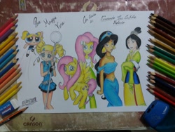 Size: 4128x3096 | Tagged: safe, alternate version, artist:fernandojc-draftsman, fluttershy, human, pegasus, pony, equestria girls, g4, aladdin, bubbles (powerpuff girls), clothes, colored, crossover, fa mulan, female, human and pony, human ponidox, jasmine, mulan, powerpuff girls 2016, powerpuff girls z, princess jasmine, rolling bubbles, self ponidox, signature, smiling, the powerpuff girls, traditional art