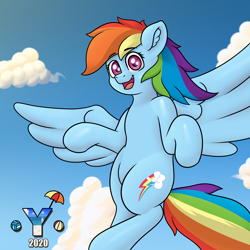 Size: 4000x4000 | Tagged: safe, artist:yelowcrom, rainbow dash, pegasus, pony, g4, ear fluff, female, looking at you, mare, sky, wings