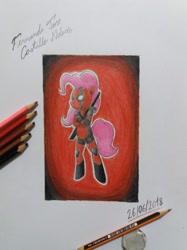 Size: 1280x1707 | Tagged: safe, artist:fernandojc-draftsman, pinkie pie, earth pony, pony, g4, bipedal, clothes, costume, deadpool, female, mare, signature, solo, sword, traditional art, weapon