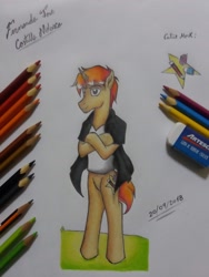 Size: 1536x2048 | Tagged: safe, artist:fernandojc-draftsman, oc, oc only, oc:creativity style, unicorn, semi-anthro, arm hooves, clothes, crossed arms, horn, signature, solo, traditional art, unicorn oc