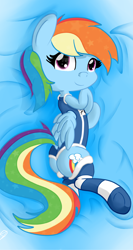 Size: 1024x1921 | Tagged: safe, artist:zemtell, part of a set, rainbow dash, pegasus, pony, g4, backwards cutie mark, body pillow, clothes, dakimakura cover, female, hooves to the chest, looking at you, lying down, mare, on side, one-piece swimsuit, school swimsuit, smiling, socks, solo, striped socks, sukumizu, swimsuit, turned head, wings