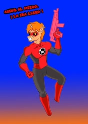 Size: 763x1080 | Tagged: safe, alternate version, artist:fernandojc-draftsman, oc, oc only, oc:creativity style, unicorn, anthro, unguligrade anthro, boots, clothes, costume, dc comics, gun, horn, red lantern, shoes, solo, unicorn oc, weapon