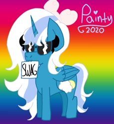 Size: 1097x1200 | Tagged: safe, artist:curvypaintbrushchild, oc, oc only, oc:fleurbelle, alicorn, pony, adorabelle, alicorn oc, bow, cute, female, gradient background, hair bow, horn, mare, mouth hold, ocbetes, rainbow background, sign, solo, sunglasses, swag, wings
