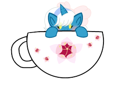 Size: 1266x898 | Tagged: safe, artist:ktheblobartist, oc, oc:fleurbelle, alicorn, pony, alicorn oc, blushing, bow, chibi, cup, cup of pony, female, flower, hair bow, horn, mare, micro, simple background, teacup, transparent background, wings