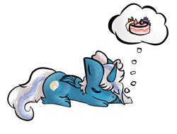 Size: 1280x972 | Tagged: safe, artist:shirameuwu, oc, oc only, oc:fleurbelle, alicorn, pony, alicorn oc, bow, cake, dream, eyes closed, female, food, hair bow, horn, mare, simple background, sleeping, solo, thought bubble, transparent background, wings