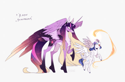 Size: 3792x2480 | Tagged: safe, artist:iheyyasyfox, twilight sparkle, oc, oc:stella alba nyx, alicorn, pony, g4, concave belly, countershading, female, filly, height difference, high res, horn, large wings, long horn, magic, offspring, parent:flash sentry, parent:twilight sparkle, parents:flashlight, slender, starry wings, tall, thin, twilight sparkle (alicorn), wings