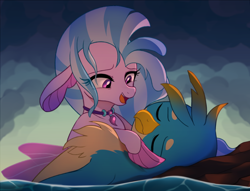 Size: 3476x2650 | Tagged: safe, artist:bearmation, artist:maren, gallus, silverstream, griffon, hippogriff, seapony (g4), g4, ariel, chest fluff, crossover, cute, dark sky, diastreamies, disney, duo, eyes closed, female, floppy ears, gallabetes, high res, jewelry, lidded eyes, looking down, male, necklace, not dead, now kiss, parody, part of your world, prince eric, princess ariel, reference, rock, scene interpretation, scene parody, seapony silverstream, ship:gallstream, shipping, singing, straight, the little mermaid, unconscious, water