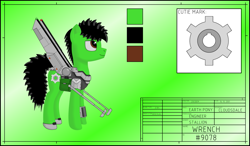 Size: 1191x696 | Tagged: safe, artist:zocidem, oc, oc only, oc:wrench, earth pony, pony, armor, artificial wings, augmented, cutie mark, digital art, harness, mechanical wing, reference sheet, solo, tack, wings