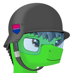 Size: 1200x1200 | Tagged: safe, artist:zocidem, oc, oc only, oc:wrench, earth pony, pony, bisexual pride flag, bust, digital art, earth pony oc, helmet, male, male oc, portrait, pride, pride flag, simple background, solo, stahlhelm, stallion, stallion oc, transparent background, visor